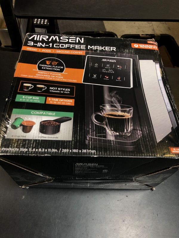 Photo 1 of AIRMSEN Grind & Brew Coffee Maker with Built-in Grinder - Single-Serve Machine Compatible with K-Cup Pods & Ground Coffee, 1000W Fast 6-14oz Brew, Descaling Alert, Touchscreen & 50oz Removable Tank