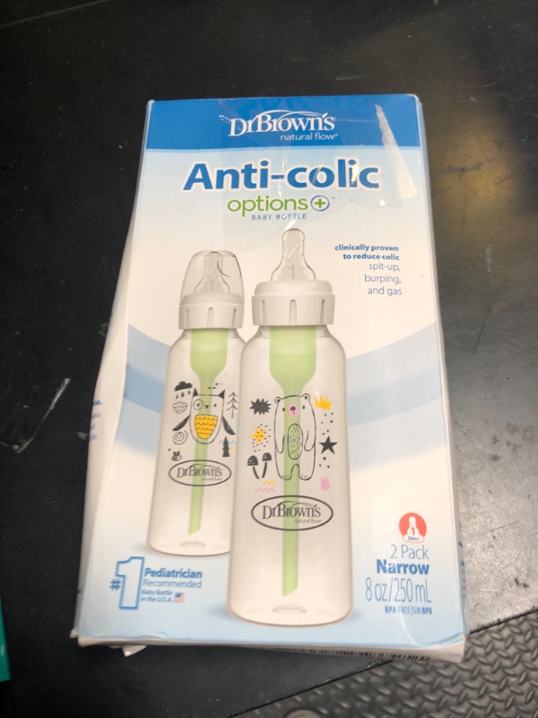 Photo 1 of Dr. Brown's Natural Flow Anti-Colic Options+ Narrow Baby Bottle, Bear & Owl, 8 oz/250 mL, with Level 1 Slow Flow Nipple, BPA Free, 0m+, 2-Pack
