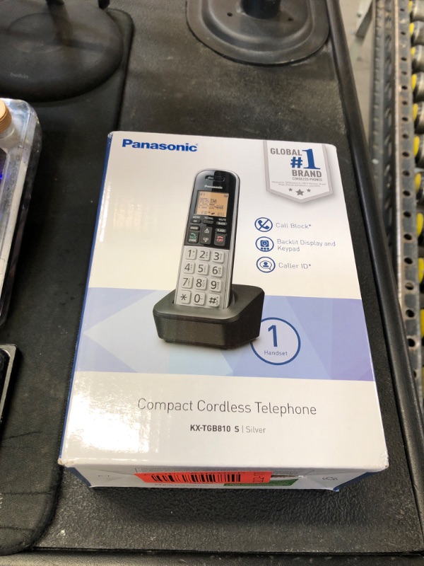 Photo 1 of Panasonic Compact Cordless Phone with DECT 6.0, 1.6" Amber LCD and Illuminated HS Keypad, Call Block, Caller ID, Multiple Display Languages - 1 Handset - KX-TGB810S (Black/Silver)
