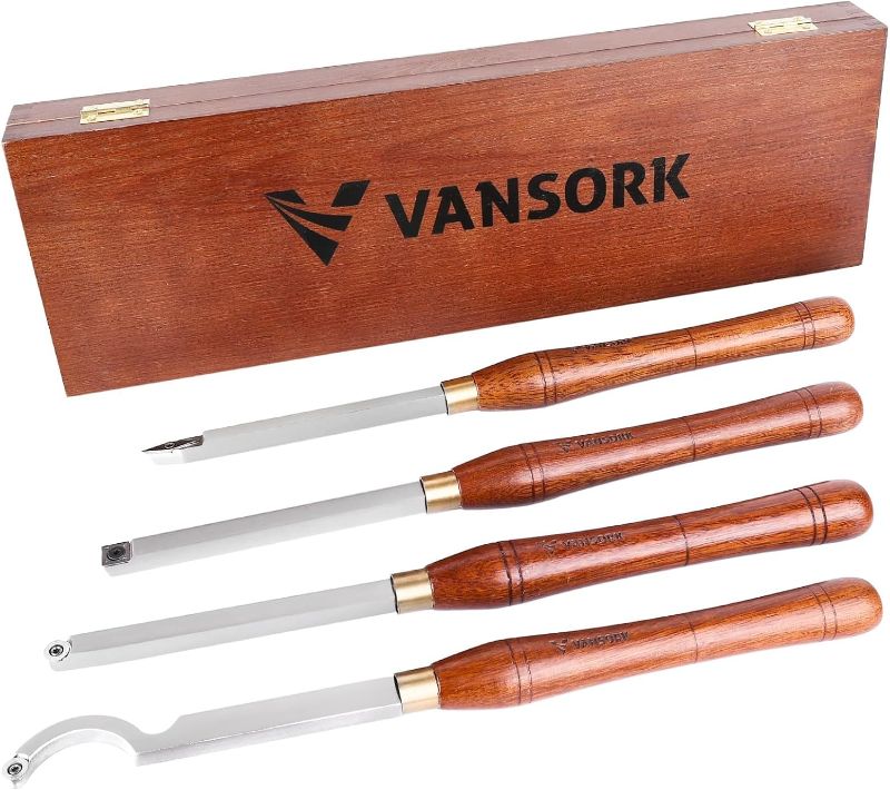 Photo 1 of VANSORK 4 Pieces Carbide Tipped Wood Lathe Turning Tools Set, Lathe Roughing and Finishing Hollow Tool with Diamond Round Square Carbide Inserts (Walnut Handle)
