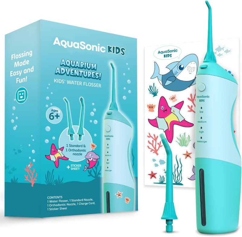 Photo 1 of AquaSonic Kids' Water Flosser for Ages 6+ | Standard Nozzle, Orthodontic Nozzle & Waterproof Stickers | 4 Flossing Modes | Aquarium Adventures Theme (Blue)
