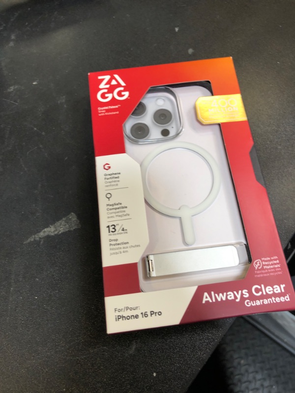 Photo 1 of ZAGG Crystal Palace Snap with Kickstand Case for iPhone 16 Pro - MagSafe & Wireless Charging Compatible, Survives Drops Up to 13ft, Textured Grip, Eco-Friendly, Clear