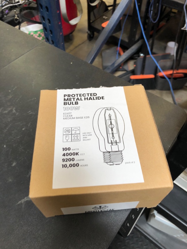 Photo 1 of GRUOTVSZAK Protected MP100/U/MED 100 Watt Metal Halide EDX17, Medium Base(E26), Dusk to Dawn Bulb, 4000K, 9200 Lumen, ANSI Code M90 Clear Bulb 2 Pack