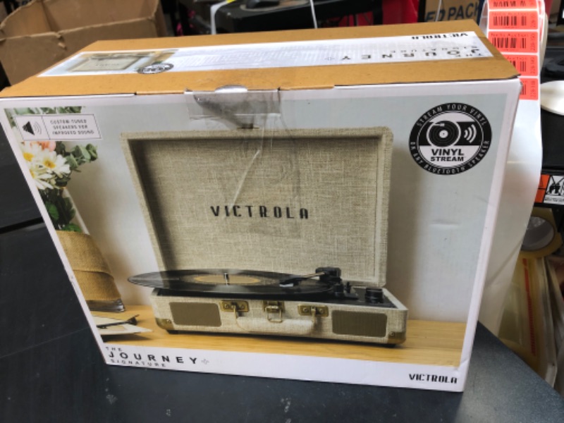 Photo 1 of Victrola Journey+ Signature Turntable Record Player - 33-1/3, 45 & 78 RPM Suitcase Vinyl Record Player, Bluetooth Connectivity & Built-in Speakers, Stereo RCA Output, Linen Finish, Cream