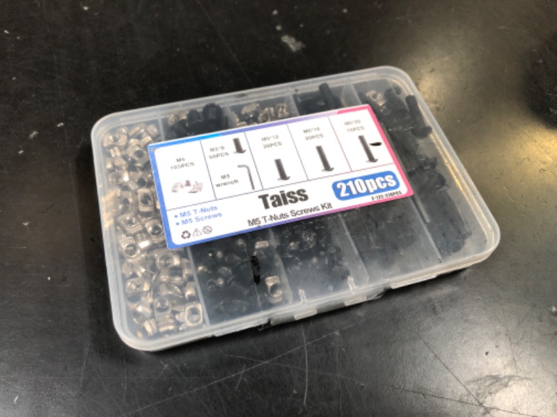 Photo 1 of Taiss 210PCS M5 T-Nuts Screws Kit,Hammer Head T Slot Nut for 2020 Series Aluminum Extrusion,M5 Button Head Socket Cap Head Screws,Nut and Screw Kits
