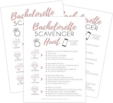 Photo 1 of Your Main Event Prints 25 White Bachelorette Scavenger Hunt Party Games, Drinking Game and Dares, Fun Novelty Cards for Girls Night Out
