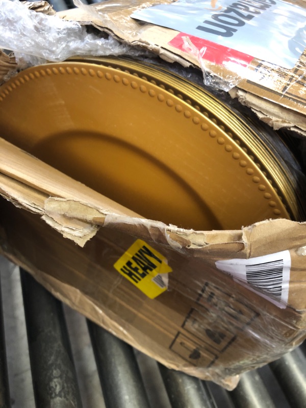 Photo 1 of Jinei Charger Plates, 100Pcs Gold Plastic Reusable Dinner Charger Plates, 13'' Round Vintage Table Decoration, for Wedding, Party & Holiday
