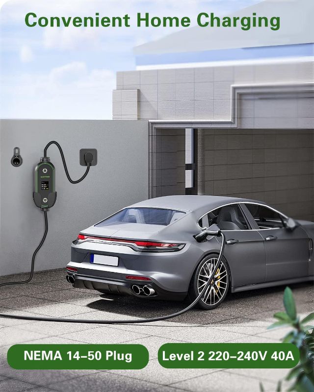 Photo 1 of Portable Level 2 EV Charger, 40A, 220-240V, with 25ft Charge Cable and NEMA 14-50 Plug, Adjustable Current/Delay Charging for Electric Car Charger