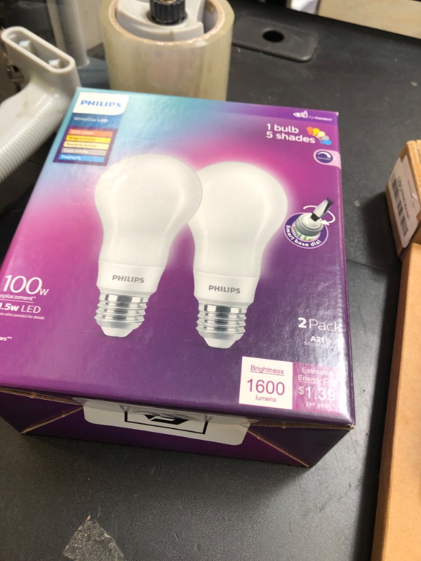 Photo 1 of PHILIPS LED White Dial Flicker-Free Frosted Dimmable A21 Light Bulb - EyeComfort Technology - 1600 Lumen - 5 Shades of White - 12W=100W - E26 Base - Indoor - 2-Pack