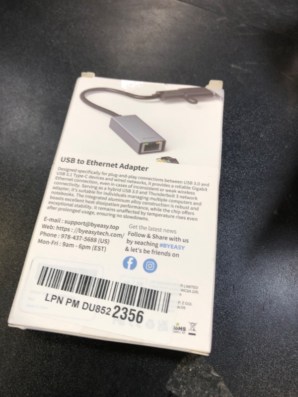 Photo 1 of BYEASY USB to Ethernet Adapter, USB C to Ethernet RJ45 Adapter, Gigabit LAN Network Adapter Supporting 10/100/1000 Mbps for MacBook Pro/Air, iPad Pro, iMac, XPS, Surface Pro Laptop, Switch