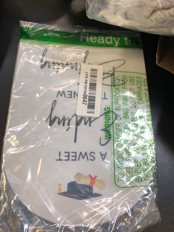 Photo 1 of Graduation A Sweet Ending To A New Beginning Sign, 6 x 8 Inch White Arch Acrylic Grad Party Sign with Holder, Graduation Buffet Sign, Grad Decor, High School College Party Supplies - DL04