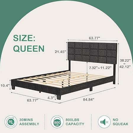 Photo 1 of Upholstered Bed Frame Queen Size: Grey Queen Bed Frame with Headboard Platform Frames, Modern Luxury Soft Bedframe in Gray Fabric Linen Gray Grid
