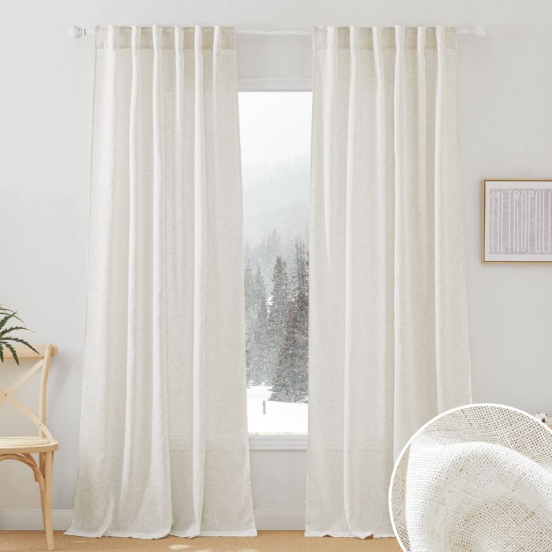 Photo 1 of RYB HOME Semi Sheer Curtains - Linen Blend Privacy Curtains Sheer Window Treatment Drapes Farmhouse Decor for Bedroom Living Room Sliding Glass Door, 52 inch Wide x 95 inch Long 2 Panels, Linen