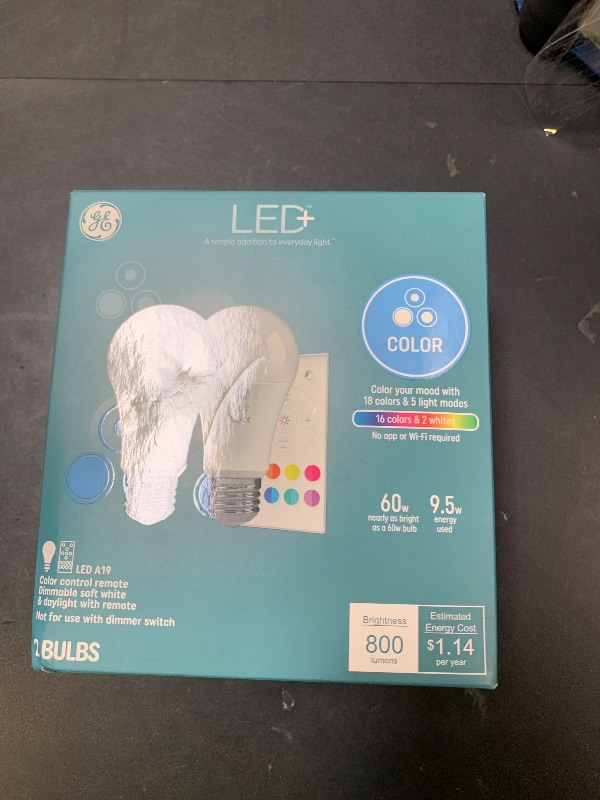 Photo 1 of GE LED+ Color Changing LED Light Bulbs with Remote, No App or Wi-Fi Required, A19 Bulbs, CA Compliant (2 Pack)