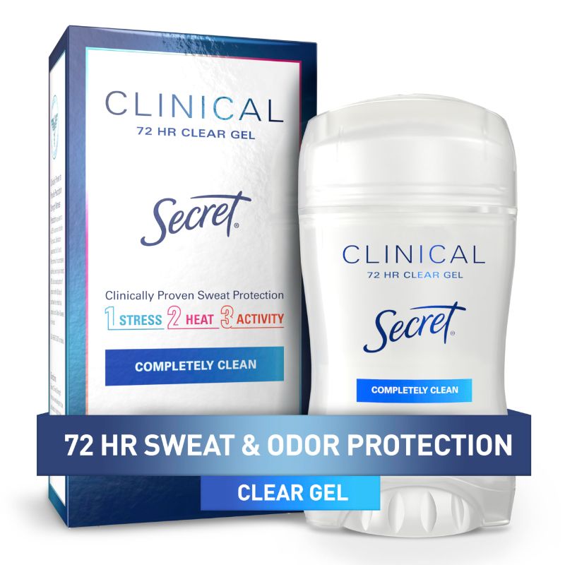 Photo 1 of Secret Clinical Strength Antiperspirant Deodorant for Women, 3X Stress Protection, 72hr Sweat & Odor Protection, PH Balancing Minerals, Clear Gel, Completely Clean Scent, 1.6 oz EXP 1/27
