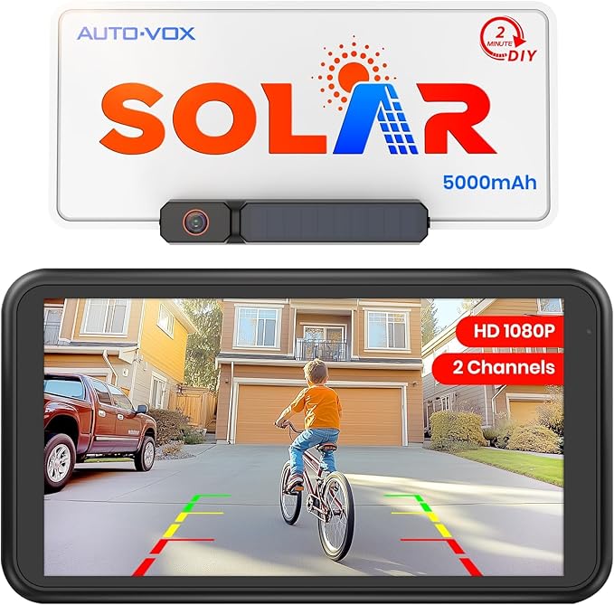 Photo 1 of AUTO-VOX Solar Wireless Backup Camera with 5" 1080P Monitor: 5000mAh Battery 2 Mins DIY Installation & 2 Split Screen Back Up Camera, IP69K Waterproof Reverse Camera for Car, Van, SUV, Truck, Trailer
