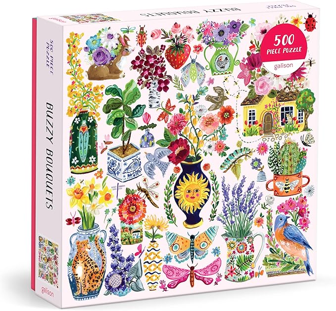 Photo 1 of Galison Buzzy Bouquets – 500 Piece Jigsaw Puzzle Featuring Beautiful Artwork of Quirky Flower Vases and Buzzy Insects