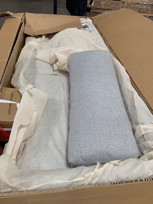 Photo 1 of **truck or trailer pickup** SIMPLIHOME Livingston 90-inch Wide Sofa in Mist Grey Woven-Blend Fabric, Handcrafted Mid-Century Modern Oversized 3-Seater Couch Sofa for Living Room or Family Room, Solid Wood Frame