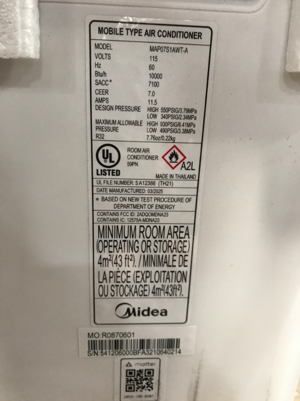 Photo 1 of (USED) Midea 10,000 BTU ASHRAE (7,100 BTU SACC) Portable Air Conditioner, Smart Control, Cools up to 300 Sq. Ft., with Dehumidifier & Fan mode, Easy- to-use Remote Control & Window Installation Kit Included(UNTESTED FULLY FOR ALL FUNCTIONS) 