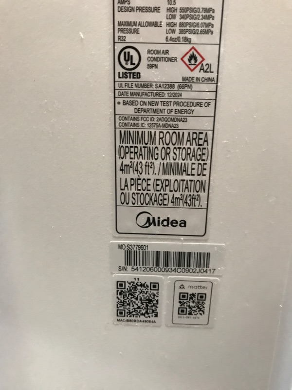 Photo 1 of ***************MISSING REMOTE/MINOR DAMAGE**********
Midea 8,500 BTU ASHRAE (5,000 BTU SACC) Portable Air Conditioner, Smart Control, Cools up to 150 Sq. Ft., with Dehumidifier & Fan mode, Easy- to-use Remote Control & Window Installation Kit Included