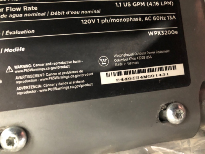 Photo 1 of ***PARTS ONLY***Westinghouse WPX3200e Electric Pressure Washer, 3200 PSI and 1.76 Max GPM, Induction Motor, Onboard Soap Tank, Spray Gun and Wand, 5 Nozzle Set, for Cars/Fences/Driveways/Homes/Patios/Furniture, Blue