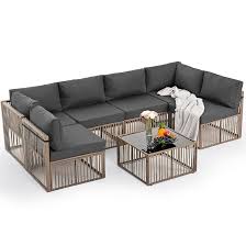Photo 1 of  Pamapic 7 Pieces Outdoor Sectional Set, All-Weather PE Rattan Patio Conversation Set, Wicker Adjustable Patio Furniture Set with Washable Cushions Covers and Coffee Table, Brown Rattan, Gray Cushion
