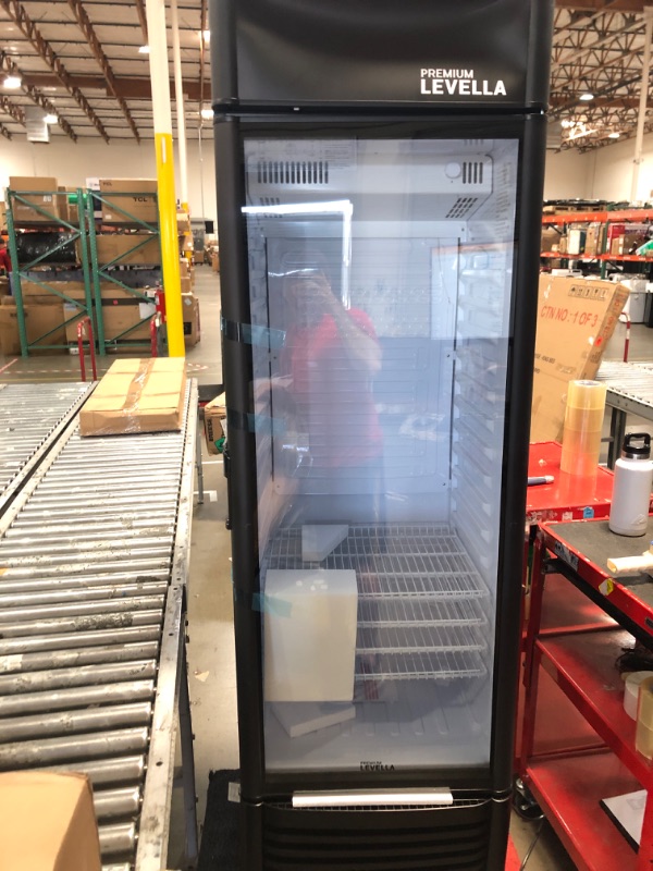 Photo 1 of ************MISSING KEYS TO LOCK, HAS DENTING ON TOP AND BOTTOM OF BACK**********
PremiumLevella PRF1257DX Glass Door Display Refrigerator 12.5 cu ft Commercial Beverage Cooler Merchandiser With Customizable Lightbox - Black