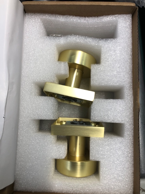 Photo 1 of (USED/FAIR) (MISSING ACCESSORIES/HARDWARE) (PARTIAL SET) newliplace 2 Pack Gold Dummy Door Knobs Interior, Brushed Brass Dummy Door Knobs for Closet Hall, Modern Square Dummy Door Handle, Satin Brass
