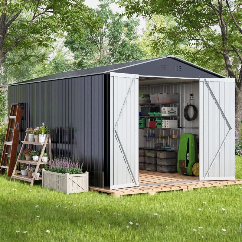 Photo 1 of ***SEE NOTES*** 
GARDEN SHED 8X12FT WITH SIDE DOOR  W2505P173295 SKU: H0812HYA2D-W-GR2, SKU: H0812HYA2D-W-GR2, 8 x 12 FT Outdoor Storage Shed, Large Metal Tool Sheds with Updated Frame Structure and Lockable Doors, Garden Shed for Backyard Garden Patio La