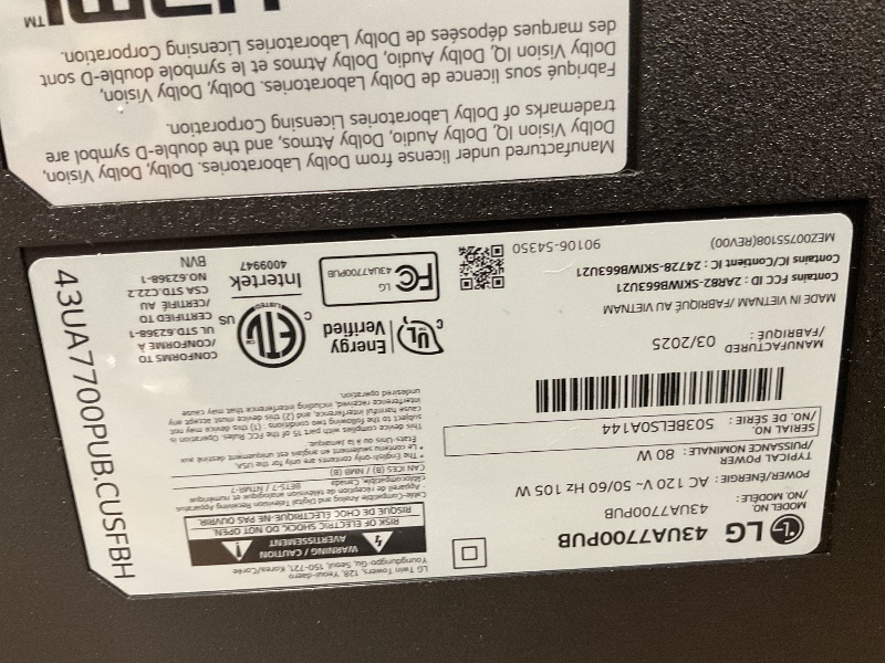 Photo 1 of ***PARTS ONLYLG 43-Inch Class UHD AI 4K UA77 Series Smart TV w/AI Sound Pro, HDR10, 4K Super Upscaling, Filmmaker Mode, Wow Orchestra, Compatible with Alexa (43UA7700PUB, 2025)