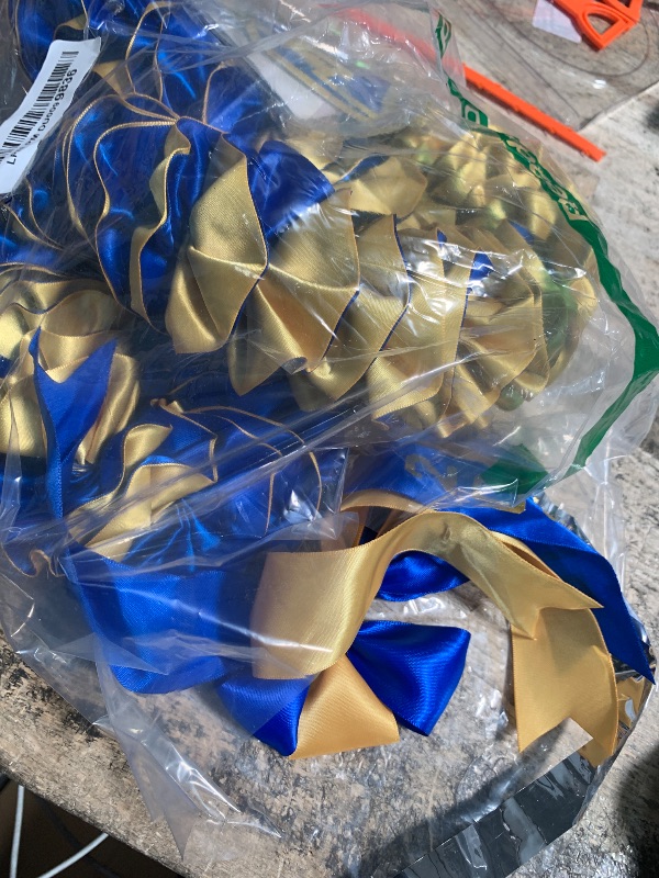 Photo 1 of Graduation Ribbon Leis Set Class of 2025 Handmade Double Braided Necklace Adjustable Silk Leis Grad Cutouts 2025 Pendant for Graduation Party(Blue and Gold)