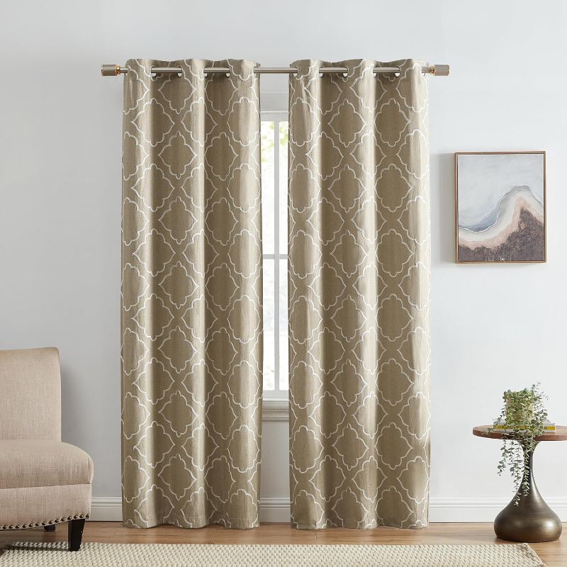 Photo 1 of (SEE ALL PHOTOS) ***STOCK PHOTO REFERENCE ONLY***Elrene Home Fashions Valian Geometric Lattice Embroidered Thermal Blackout Window Curtain Panel with Grommets, Set of 2, 37"x63", Tan