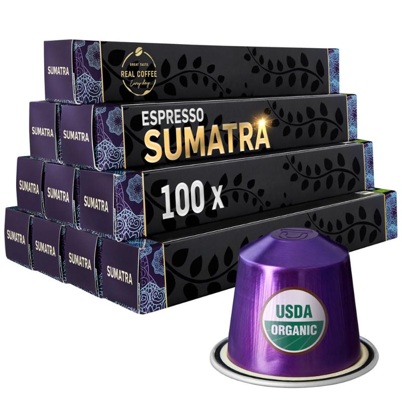 Photo 1 of ‘Sumatra’ Organic Italian Espresso for Nespresso | 100 Organic Aluminum Capsules | Single-Origin Dark Roast | 100% Nespresso Compatible Pods | Fairtrade | Package May Vary best by 10-2026
