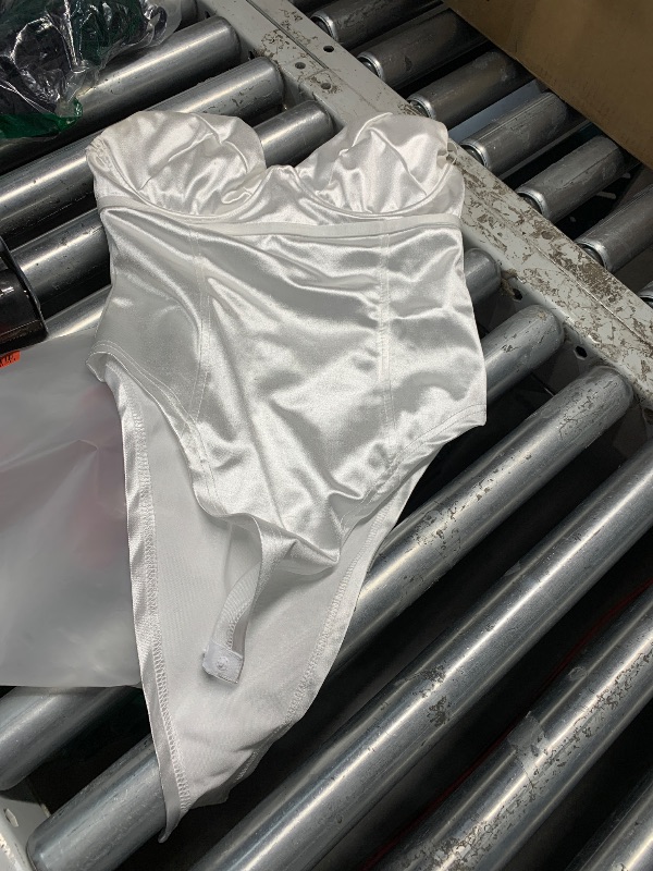Photo 1 of ***(USED)***Velius Women's Sexy Deep V Neck Shiny Thong Bodysuit Tank Tops with Underwire (White, Small)