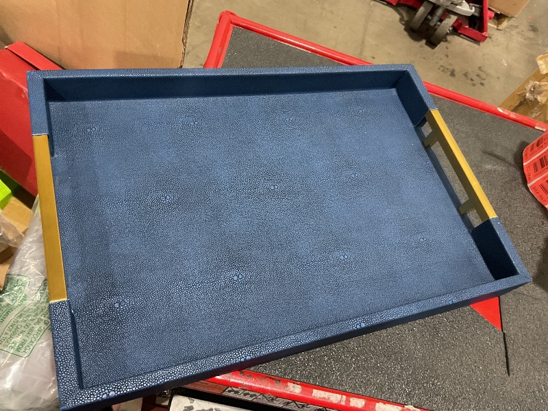 Photo 1 of **Stock photo for reference**

Modern Elegant 18”x12” Rectangle Blue Rectangle Shagreen Faux Leather Decorative Tray Ottoman Tray Coffee Table Perfume Living Room Kitchen Serving Tray with Gold Polished Metal Handles.