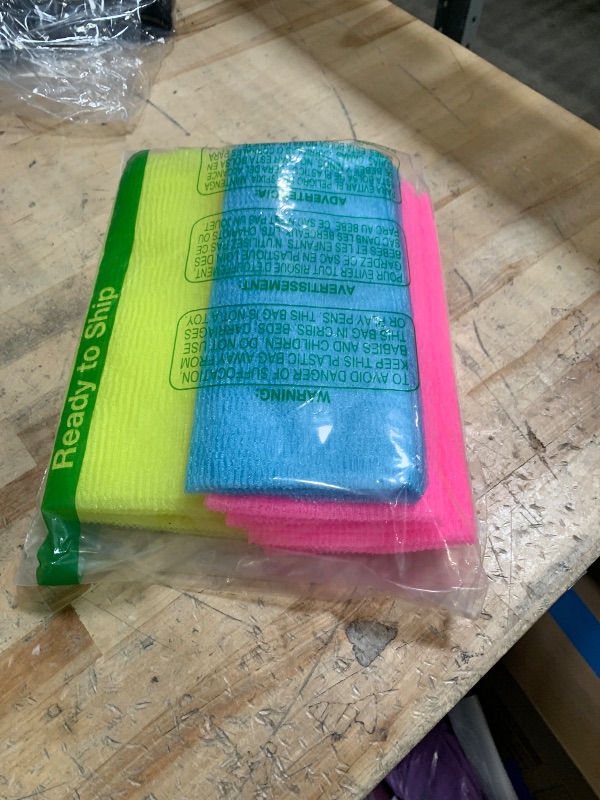 Photo 1 of  Exfoliating Washcloth, 35 Inch 3 Colors Nylon Bath Exfoliating Towel for Shower, Colorful Japanese Washcloth, Exfoliating Body Scrubber (Blue, Yellow, Pink)