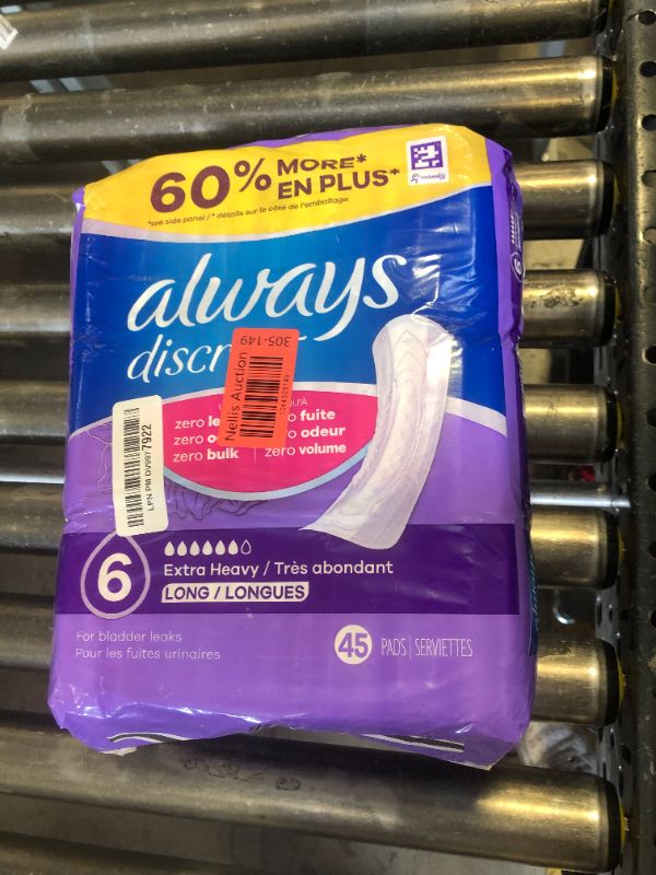 Photo 1 of Always Discreet Adult Incontinence Pads for Women, Extra Heavy Absorbency, Long Length, Postpartum Pads, 45 Count (Packaging May Vary)