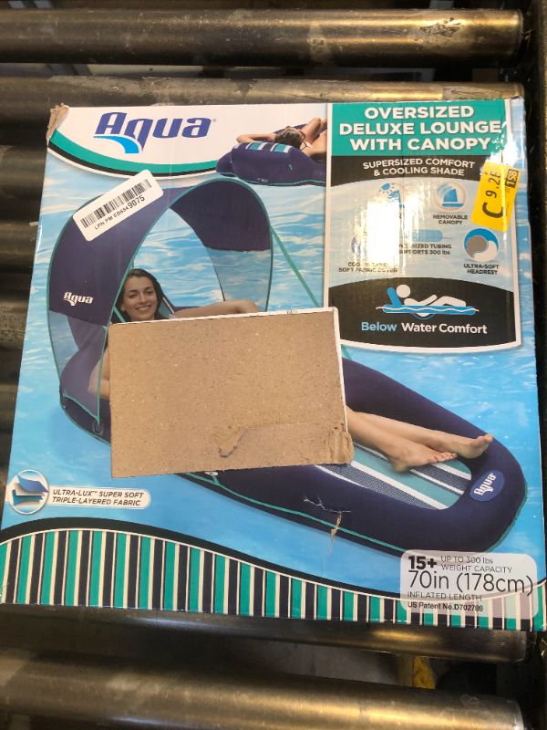 Photo 1 of Aqua Ultimate Pool Float Lounger with UPF 50 Canopy and Cupholder – Heavy Duty, Inflatable Pool Lounge for Adults – Navy/Aqua/White Stripe