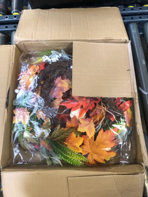 Photo 1 of Pinkpuii 24 Inch Fall Wreath for Front Door - Large Artificial Silk Autumn Decorations With Maple Leaves, Pumpkin, Berry, Lambs Ear for Indoor Outdoor Thanksgiving Harvest Home Decor