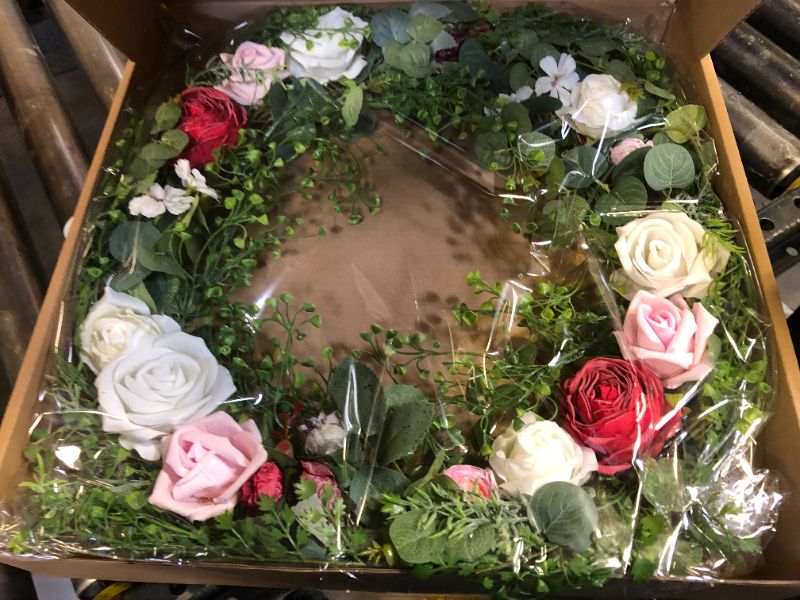 Photo 1 of Beinhome 24 Inch Rose Front Door Wreaths for Spring Summer, Handmade Eucalyptus Wreath with Wine Red White Pink Floral for Outdoor All Season, Farmhouse, Wall, Window, Holiday & Party Decorations