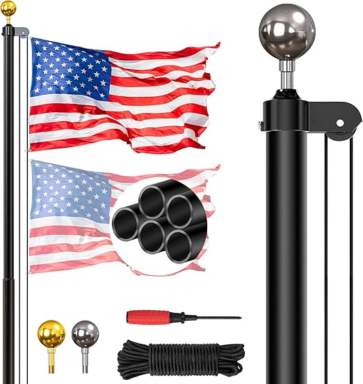 Photo 1 of 20FT Sectional Super Thick Flag Pole Kit, Heavy Duty 13 Gauge Aluminum in Ground Flagpole with 3x5 American Flag for Residential or Commercial, Black
