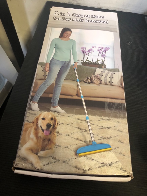 Photo 1 of 2 in 1 TPU and Copper Rake Teeth Carpet Rake for Pet Hair Removal, 60inch Adjustable Long Handle Pet Hair Remover, Reusable Cat Dog Hair Rake Broom, Lint Remover Scraper for Carpet,Bed (Black-Silver)