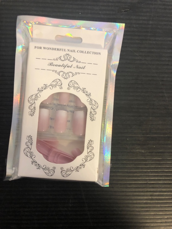 Photo 1 of Qsnidy Press on Nails Square - French Ombre Pink Fake Nails Medium Acrylic Glossy Full Cover Stick On Nails for Women and Girls Daily Wear, Natural Fit Glue on Nails in 12 Sizes - 24 Nails Kit