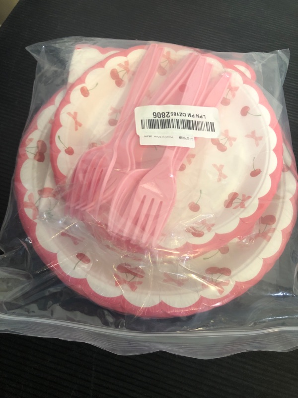 Photo 1 of 100pcs Cherry Birthday Decorations Plates Set, Cherry Themed Party Decorations Plates Napkins Forks for 25 Guests