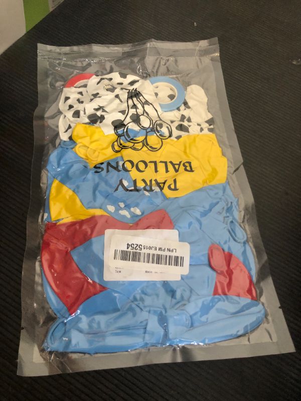 Photo 1 of 68Pcs Red Yellow Blue Toy Balloons 12 Inch Light Blue Cloud Cow Print Balloons for Baby's Birthday Story and Football Party Themed Decorations.