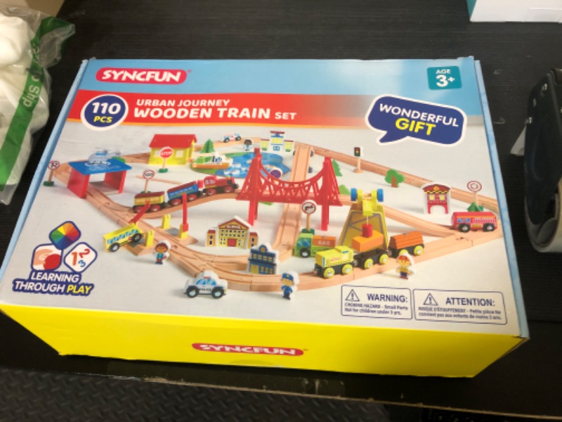 Photo 1 of 110PCS Wooden Train Set - Urban Journey, City Scene Railway Set with Magnetic Trains, Cars, Helicopter & Ship, Perfect Christmas Birthday Toy Gift for Kids Toddlers Boys Girls Ages 3-8