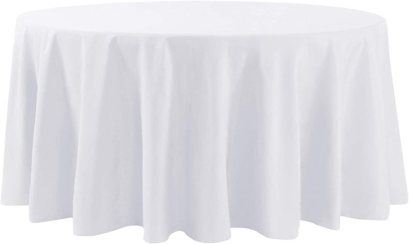 Photo 1 of  White Round Tablecloth 120 Inch Round Table Cloth, Wrinkle Resistant and Washable Tablecloth Polyester Fabric Table Cloth Round Cover for Dining Wedding Banquet Party