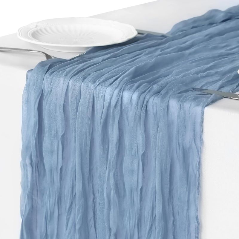 Photo 1 of  10Ft Cheesecloth Table Runner 35x120 Inch Boho Gauze Table Runner Rustic Cheese Cloth Long Table Runner Romantic Table Runner for Wedding Bridal Shower Birthday Party Table Decor (Dusty Blue)