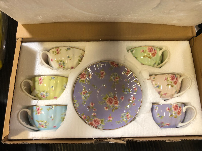 Photo 1 of BTaT- Floral Tea Cups and Saucers Set of 6 (7 oz), Porcelain Tea Cups Set of 6, Pastel Bloom Design with Gold Trim, Mother's Day Gift