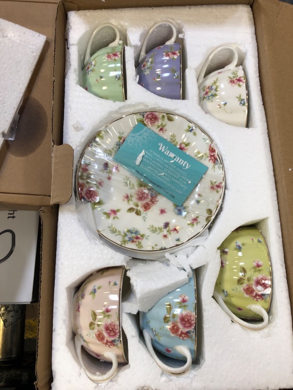 Photo 1 of BTaT- Floral Tea Cups and Saucers Set of 6 (7 oz), Porcelain Tea Cups Set of 6, Pastel Bloom Design with Gold Trim, Mother's Day Gift